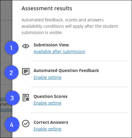 Assessment result settings found on the test settings panel