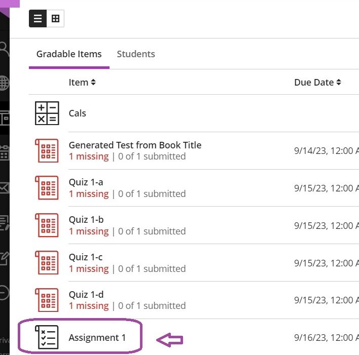 The list of gradable items, with a purple square around 'Assignment 1'.