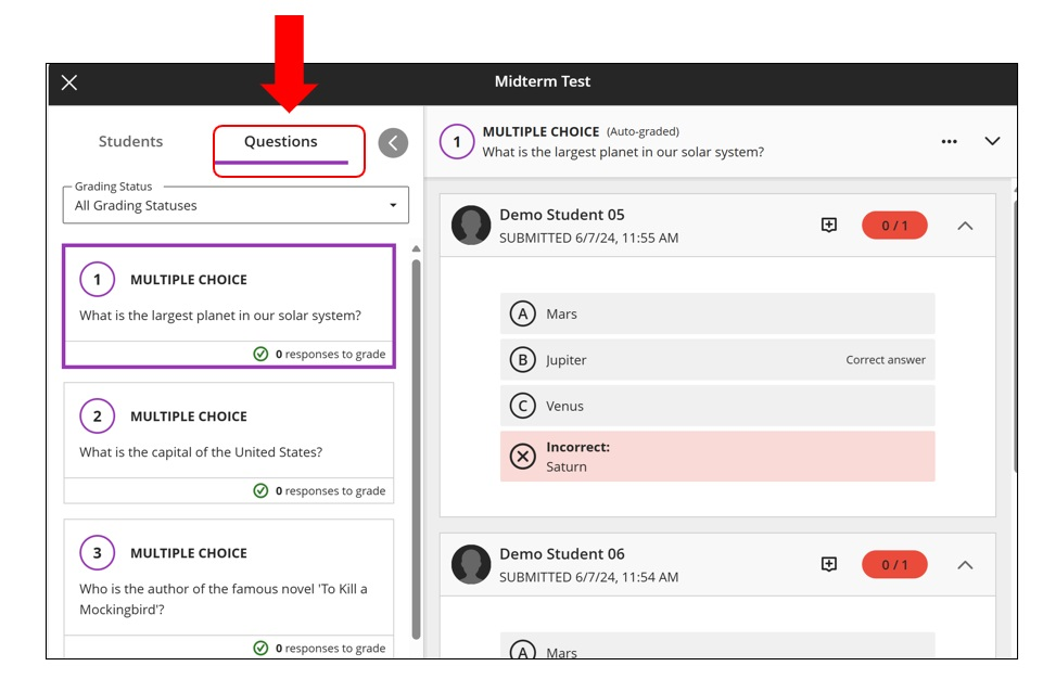 A red square and an arrow poiinting to the 'Questions' tab in the top left corner of a submission.