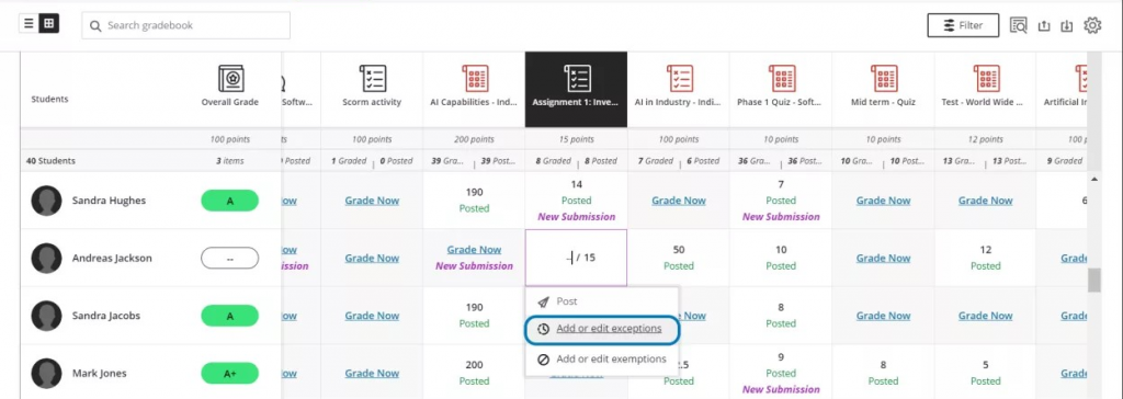 The assignment menu is displayed, where the second option is "add or edit exceptions".