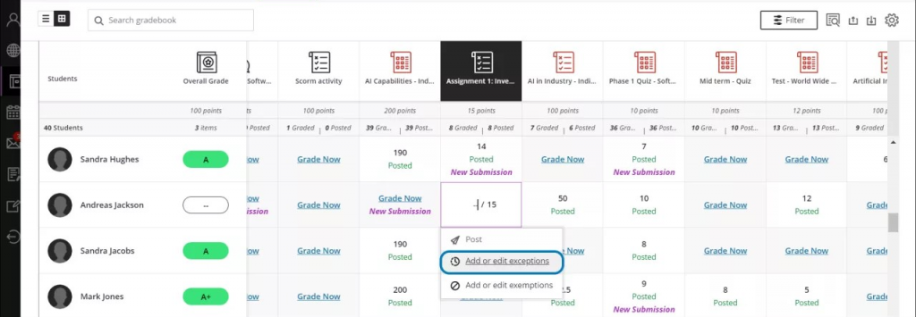 The assignment menu is displayed, where the second option is "add or edit exceptions".