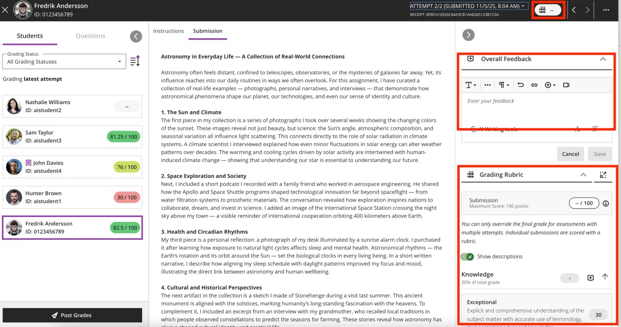 3 red squares highlighting the overall grade input area, the overall feedback and the grading rubric areas on the right side of the screen in the submissions view.