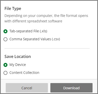 Download Grades File Type and Save Location options