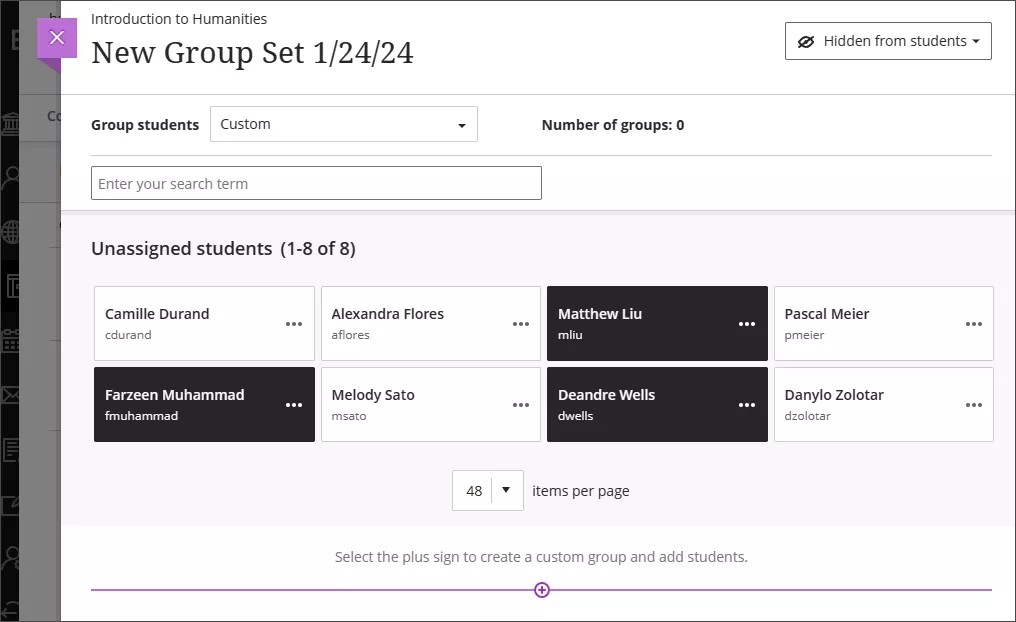 The custom group menu. The purple plus is located under the list of student names.