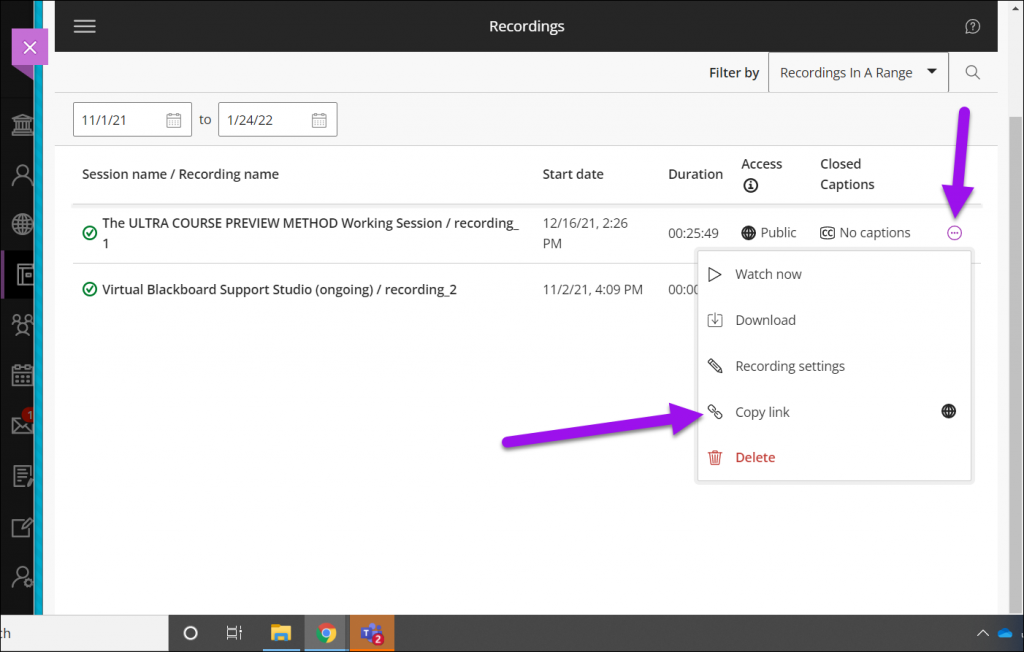 Collaborate Copy recording link