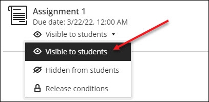 A thumbnail of an assignment. Below the assignment it says "Visible to students", "Hidden from students" and "Release Conditions". There is a red arrow pointing towards "Visible to students".