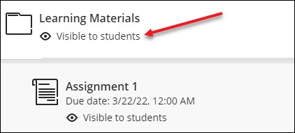 A folder named "Learning Materials" and a red arrow pointing below the folder to a text saying "Visible to students".