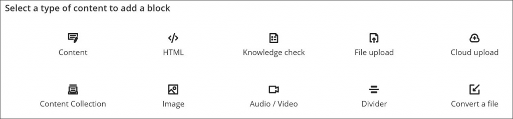 Block options for a document, including Content, HTML, Divider, Knowledge check, File upload, Cloud upload, Content Collection, Image, Audio/Video, and Convert a file