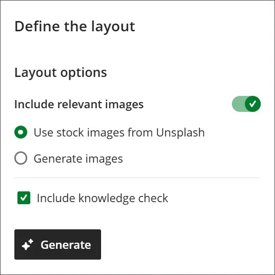 The settings available for defining the layout of your Document include images, image sources, and knowledge checks