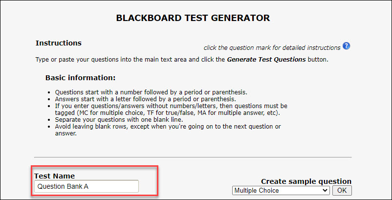 Blackboard Test Generator Instruction Page