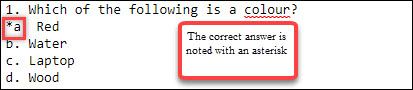 Correct format of a multiple choice question in the test generator.
