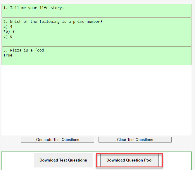 Questions formatted correctly encased in green and a button showing "Download Question Pool".