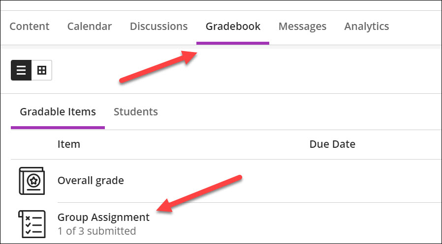 An arrow point to gradebook and an arrow pointing to the group assignment.