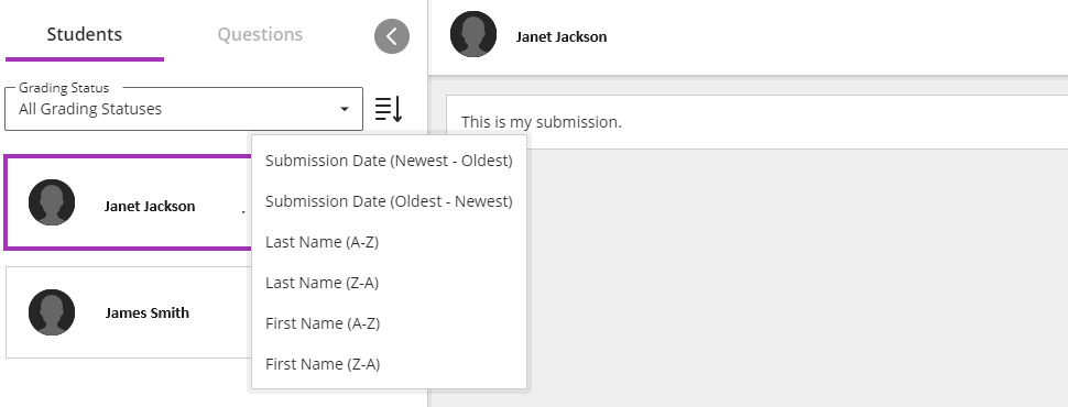flexible grading sorting submissions by submission date screen shot