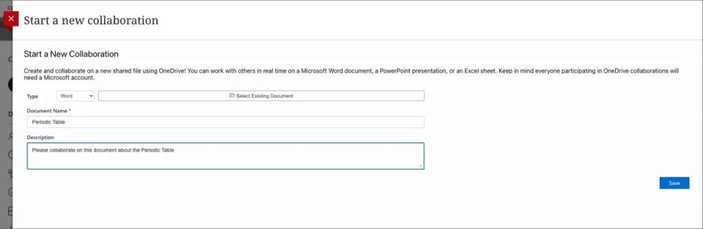 The 'start a new collaboration' menu where you can creat new collaborative documents for your students.