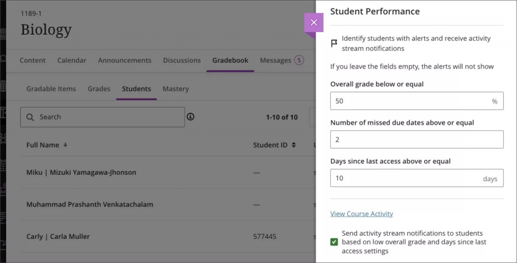 Performance settings section of the Gradebook, showing View Course Activity beneath the alert fields