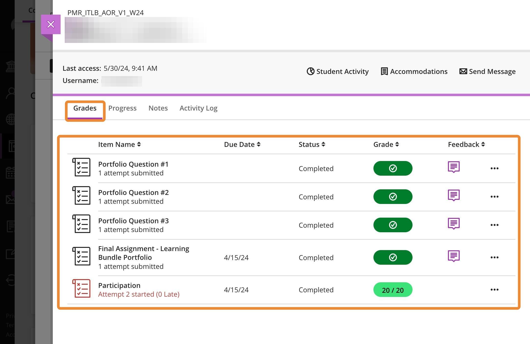 From these screens, you can see the student's grades, the feedback you've provided, and the status of the assignments, too.