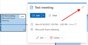 The pop-up meeting menu in Microsoft Outlook, with an arrow pointing to the 'expand' icon.