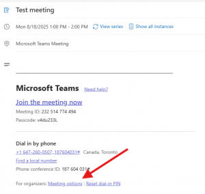 An arrow pointing to the 'Meeting Options' link at the bottom of the meeting details page.
