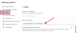 The roles area, with an arrow pointing to the 'who can present' drop-down menu, where it is set to 'only organizers and co-organizers'.