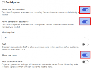 The participation menu, with 'allow mic for attendees', 'allow camera for attendees', and allow reactions' settings turned on. 