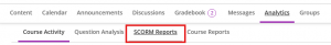 The SCORM Reports tab highlighted in a red square on the Analytics tab.