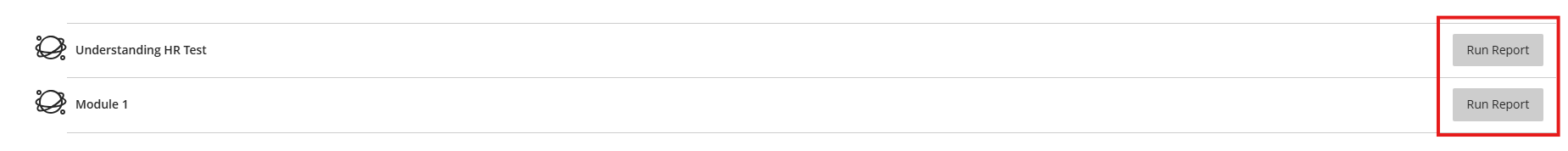 The 'Run Reports' buttons highlighted in a red square on the right side of each SCORM package title.