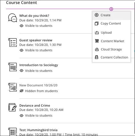The Scorm package option in the create item menu.
