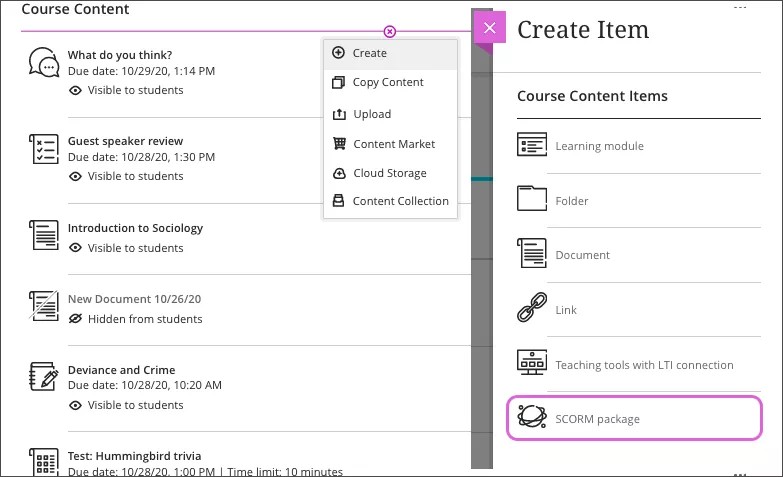 The Scorm package option in the create item menu.