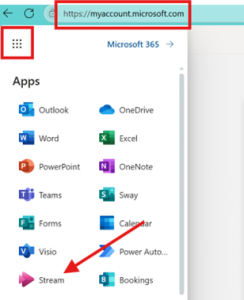 The waffle icon in the top right corner of the microsoft website highlighted, with an arrow pointing to Stream.
