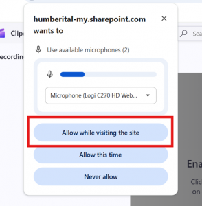 The pop-up for allowing use of your microphone, with a red square around the 'Allow while visiting the site' option.