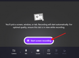 The 'start screen recording' screen, with a red arrow pointing to the 'start screen recording' button.