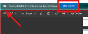 An arrow pointing to a thin red border around the screen being recorded, with a square around the 'stop sharing' button above the screen recording border.