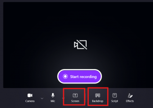 The screen and backdrop options highlighted on the 'start recording' screen for camera recordings.
