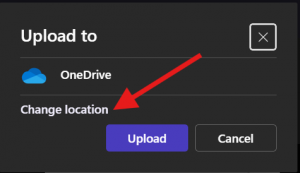 The 'upload to' area, with the option for OneDrive, or the option to change location which is highlighted by an arrow.