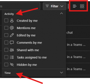 The list, grid, and filter views with arrows pointing to the pop-up menu where you can filter based on activity or time.