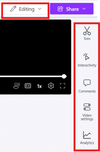The 'editing' option highlighted in the top right corner, with a red square around the editing options, including 'trim', 'interactivity', 'comments', 'video settings', and 'analytics'.