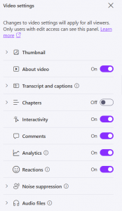 The 'video settings' menu, with various toggles for interactivity, comments, analytics, reactions and settings for noise suppression, transcripts and more.