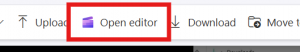 The 'open editor' setting highlighted in the top navigation menu.