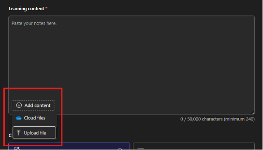 The 'Learning context' area with a red square around the 'add content', 'cloud files', and upload file options.