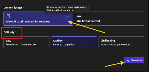 The content format screen, with options to allow AI to edit content, as well as difficulty settings. The 'Generate' button is at the bottom right corner of this area.