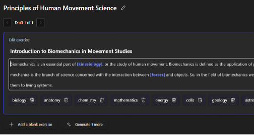 The 'edit draft' area, where the user can edit each fill in the blank exercise.