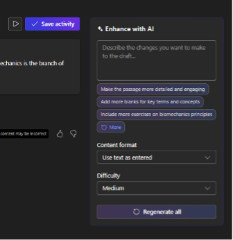 The 'enhance with AI' menu, where you can describe the changes you want to make to the draft using AI or pre-formatted button options.