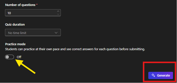 The practice mode toggle set to off, with a red square around the generate button in the bottom right corner.