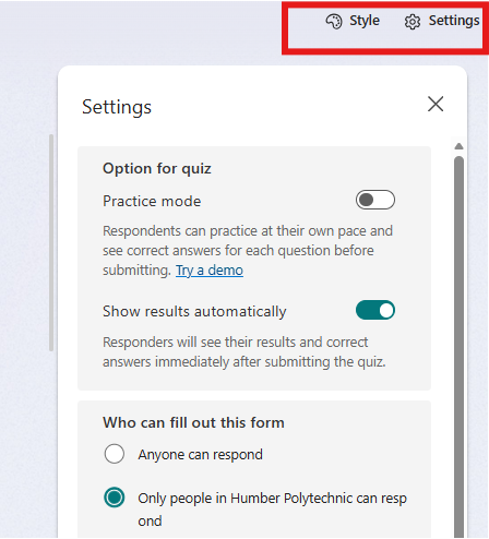 The style and settings in the top right corner.