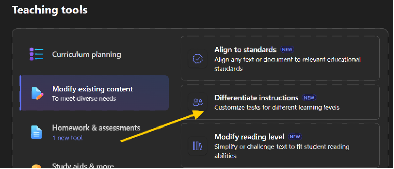 An arrow pointing to the 'Differentiate instructions' option under the 'Modify existing content' header.