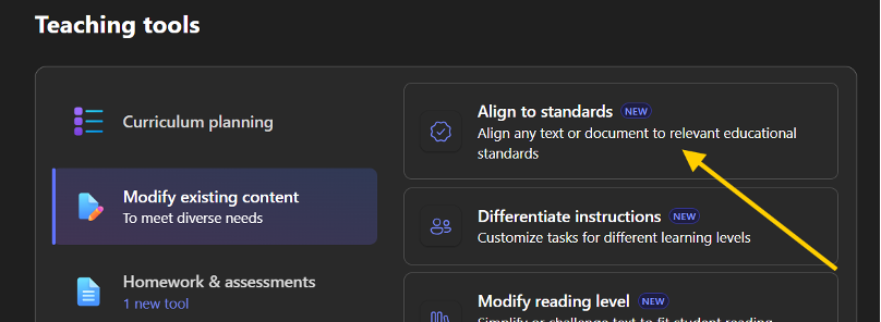 An arrow pointing to the 'Align to standards' option under the 'Modify existing content' header.