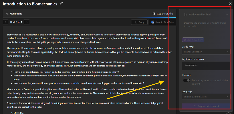 The newly generated reading content, with an arrow pointing to the AI side panel to regenerate and re-modify the reading content.