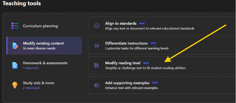 An arrow pointing to the 'Modify reading level' option under the 'Modify existing content' header.