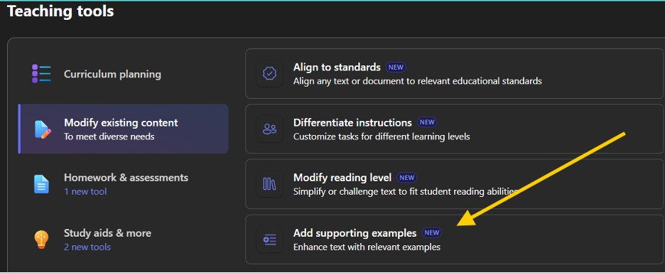 An arrow pointing to the 'Add supporting examples' option under the 'Modify existing content' header.